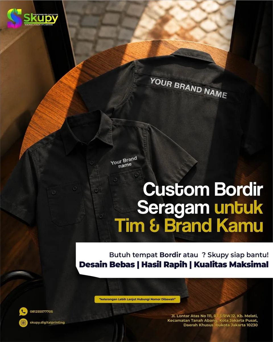 Custom bordir seragam kerja untuk tim dan brand